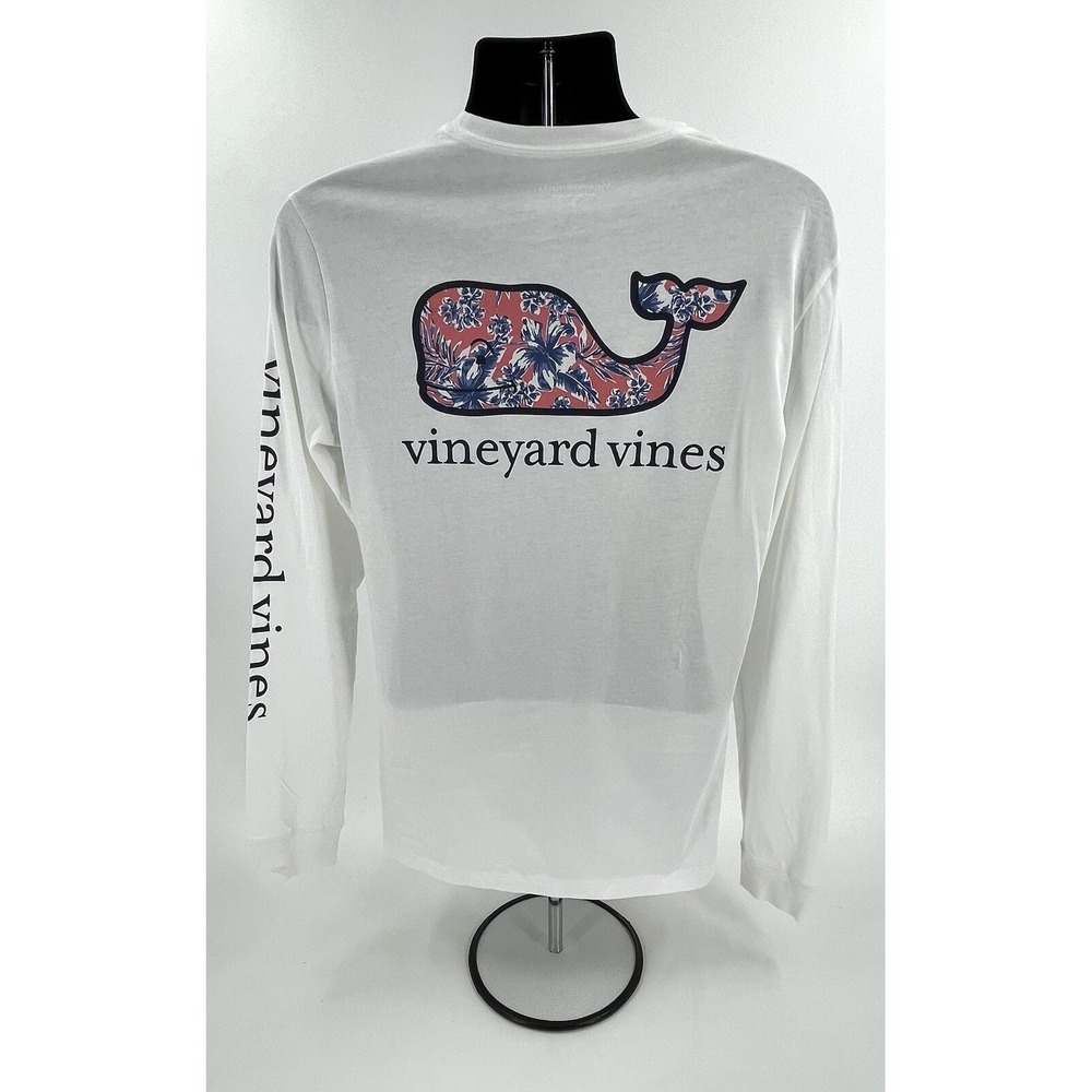 Vineyard Vines Floral Pink Whale L/S Pocket Tee Shirt White Men's Sz Small S